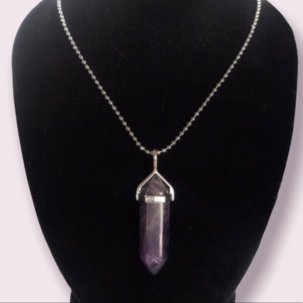 Sold/ Natural Amethyst Crystal Point Pendant with Chain - Picture 1 of 6